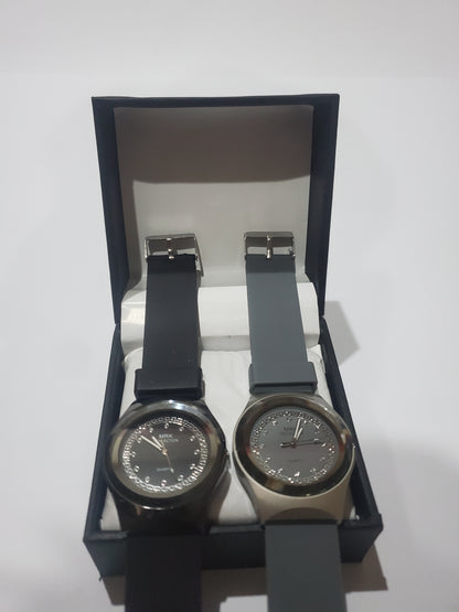 MRK Collection Crystal Stone Dial Silicone Strap Couple / Dual Watch Gift Set