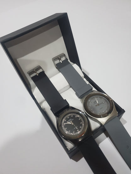 MRK Collection Crystal Stone Dial Silicone Strap Couple / Dual Watch Gift Set