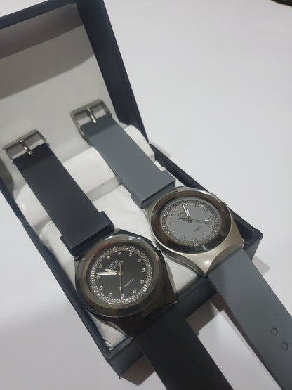 MRK Collection Crystal Stone Dial Silicone Strap Couple / Dual Watch Gift Set