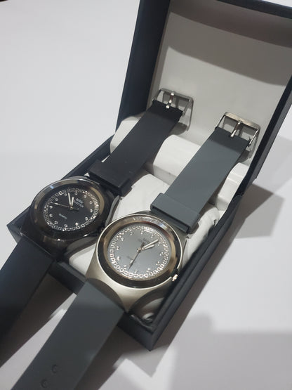 MRK Collection Crystal Stone Dial Silicone Strap Couple / Dual Watch Gift Set