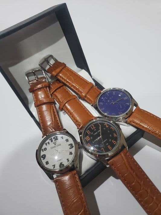 TIME ONE Classic Brown Leather Strap Men's Analog Quartz Watch