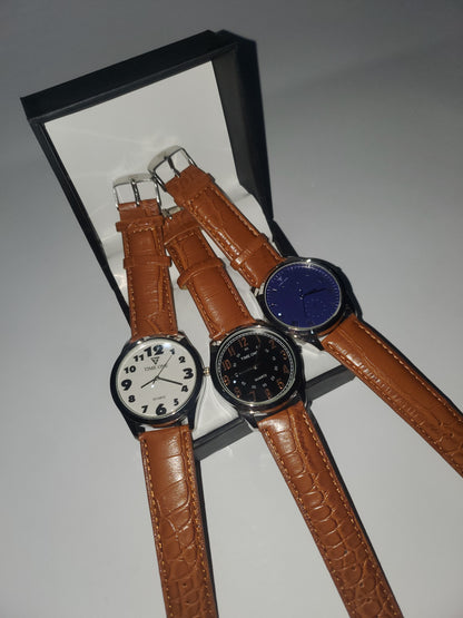 TIME ONE Classic Brown Leather Strap Men's Analog Quartz Watch